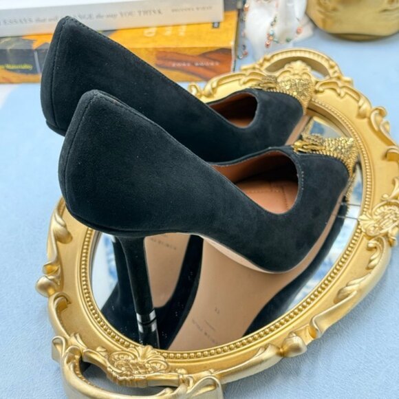 🆕 KURT GEIGER LONDON 🧿 NWOB Zip Court Heel, Black Suede & Gold Crystal Sz 37 7 - Picture 11 of 16